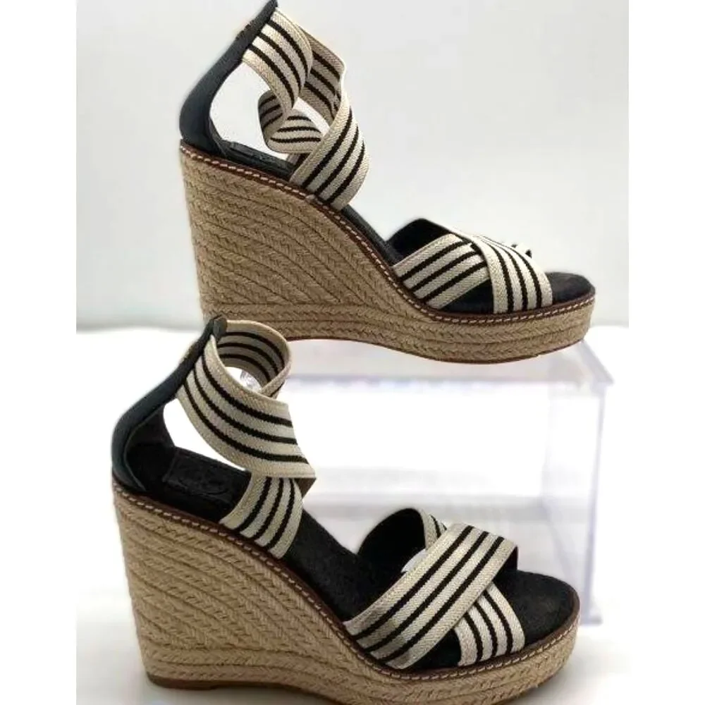 Tory Burch Frieda Striped Espadrille Wedge Sandals Size 7